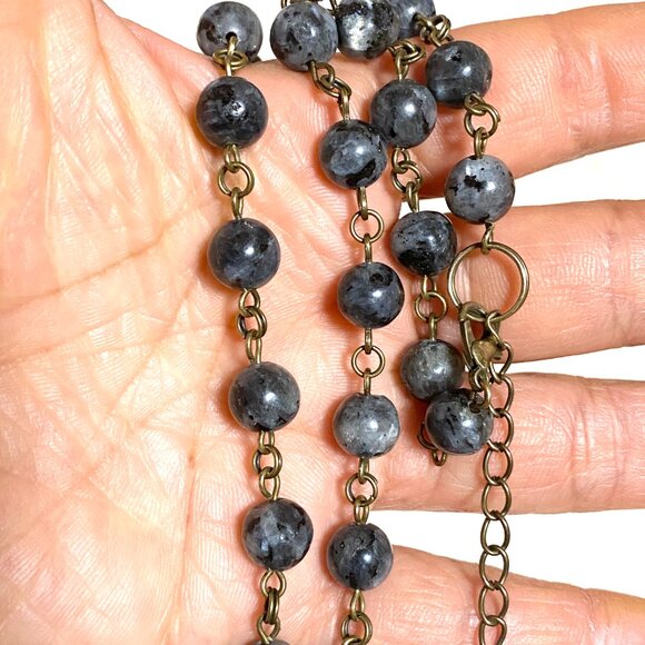 Natural Dark Larvikite Bronze Link Adjustable Choker Necklace - Picture 11 of 11